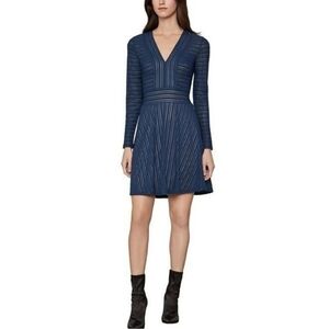 BCBG MAXAZRIA Navy Blue Fit Flare Dress Size Small Stripes Long Sleeves